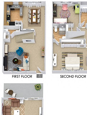Covington 3D Covington 3D. 3 bedroom townhome + den. Kitchen with bartop open to living/dinning rooms. 2 full bathrooms + 2 powder rooms. Patio/balcony.
